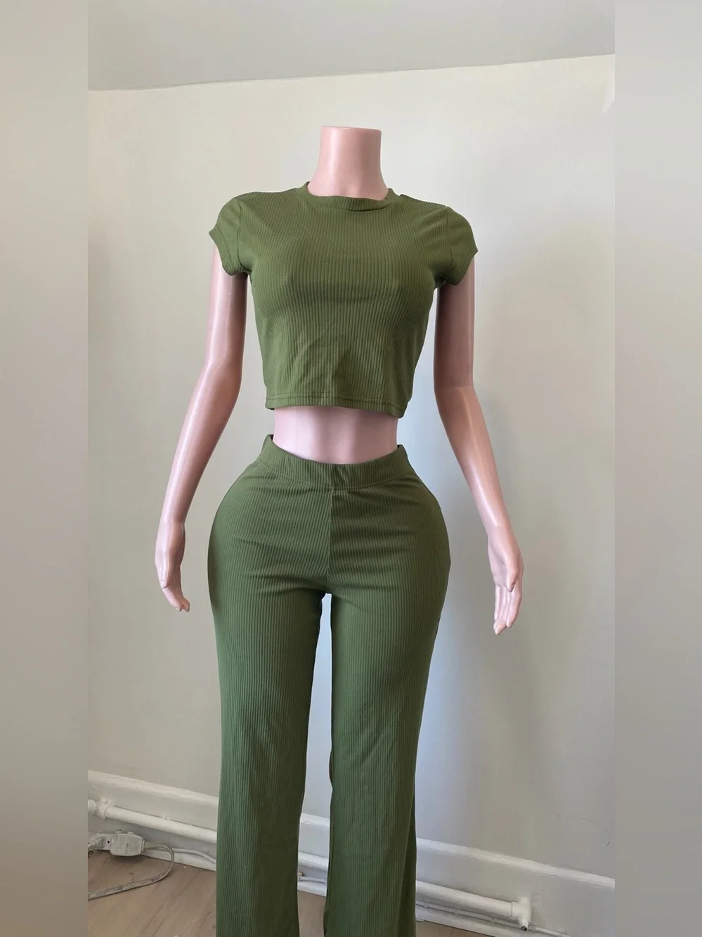 Olive Ribbed Two-Piece Crop Top & Wide-Leg Pants Set